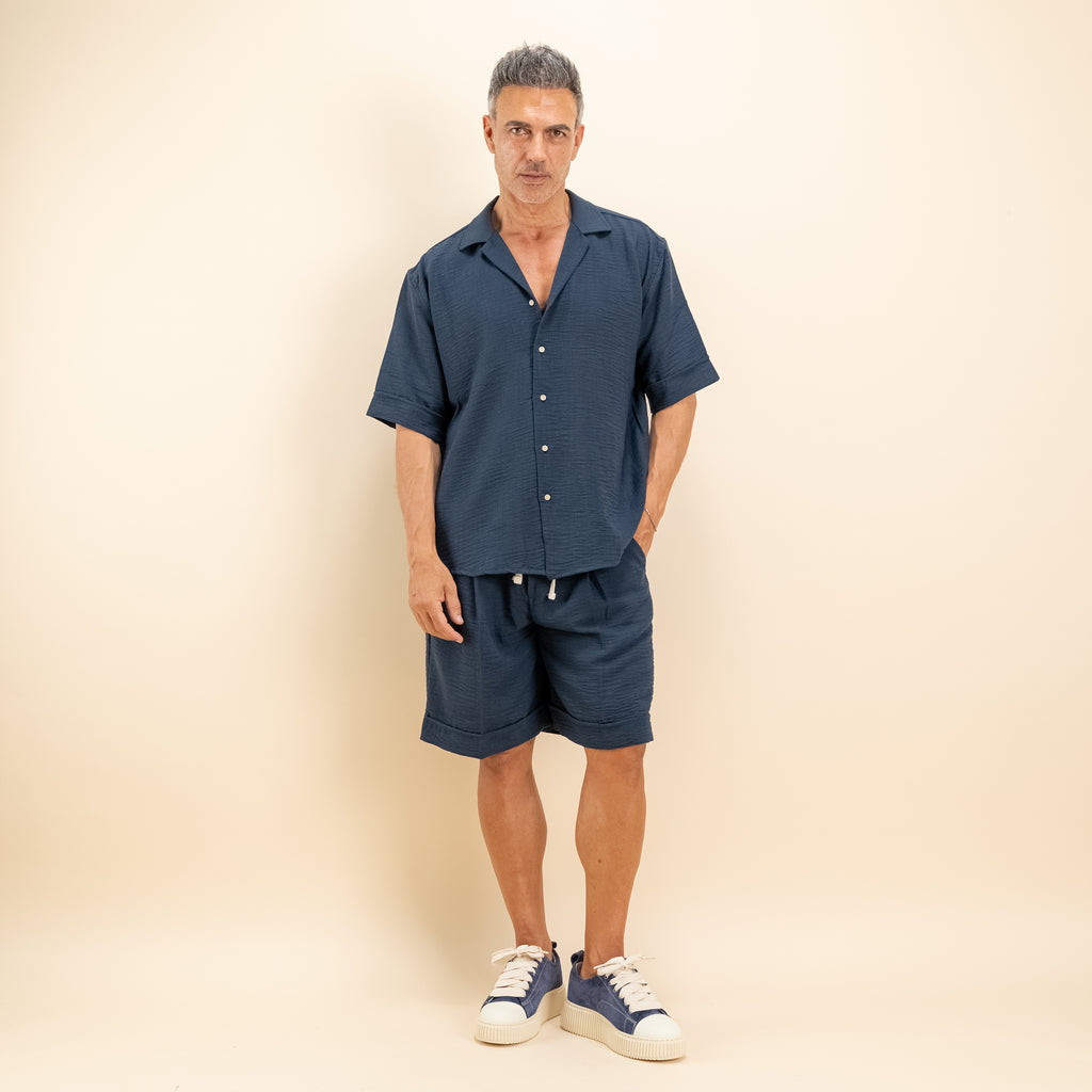 Coordinato effetto lino con pantaloncino - Blu