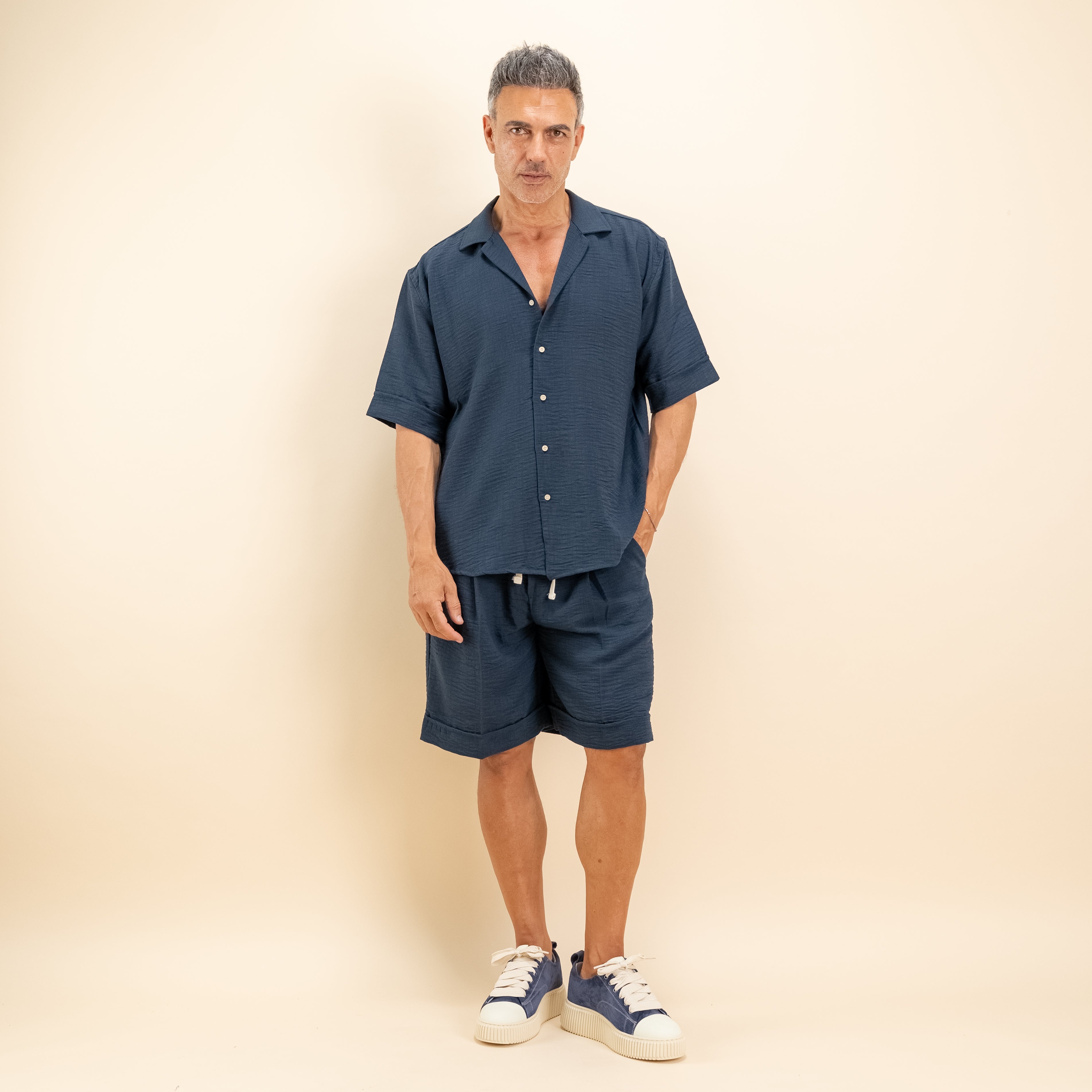 Coordinato effetto lino con pantaloncino - Blu