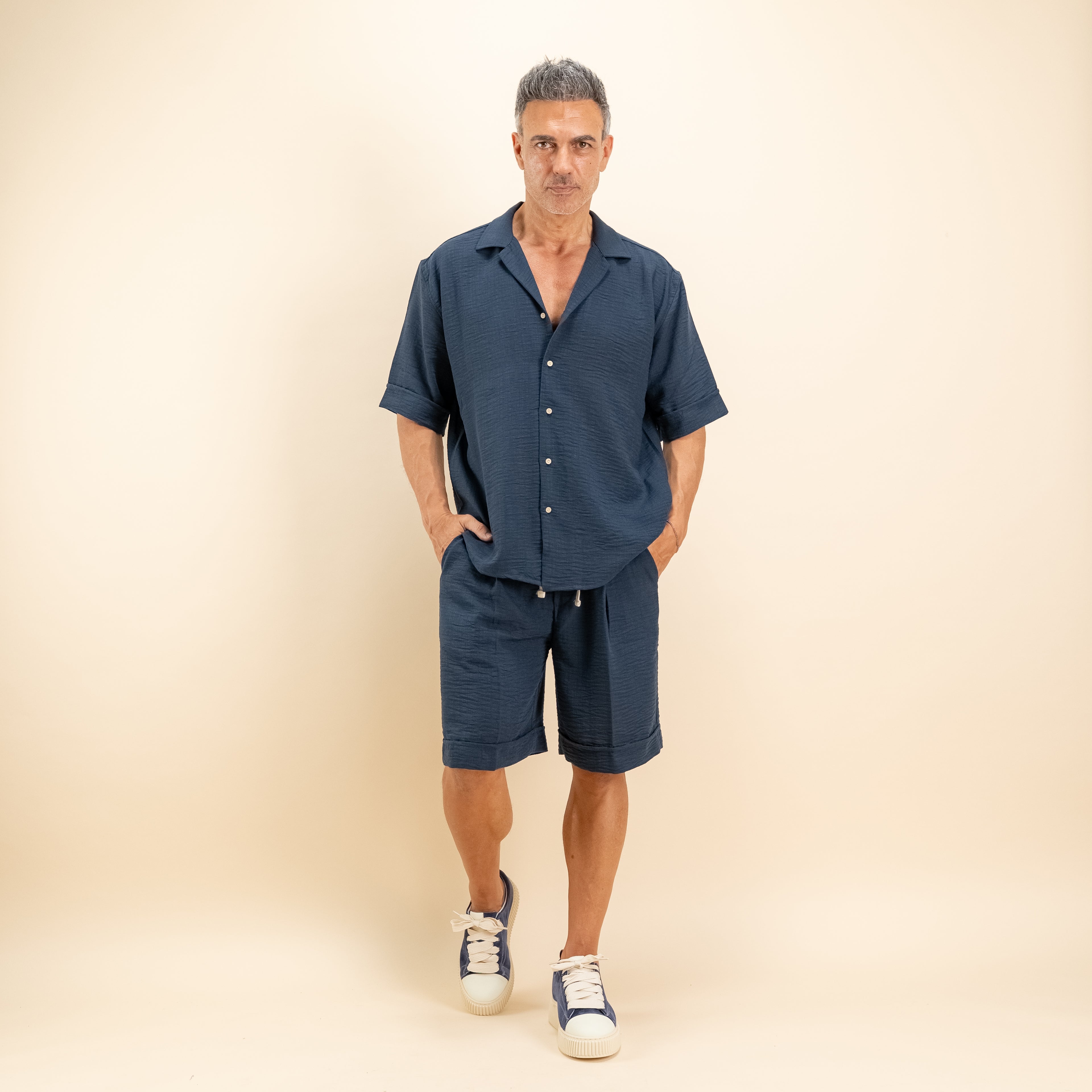 Coordinato effetto lino con pantaloncino - Blu