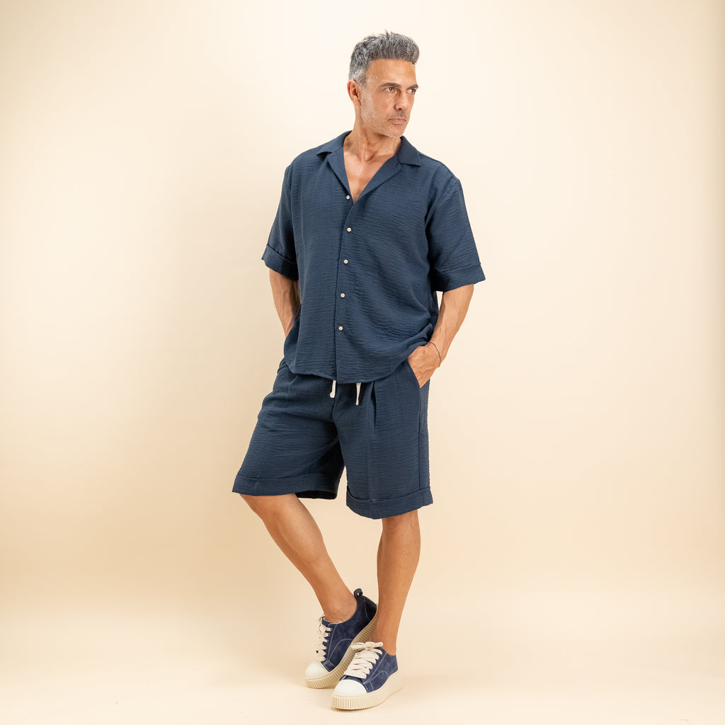 Coordinato effetto lino con pantaloncino - Blu