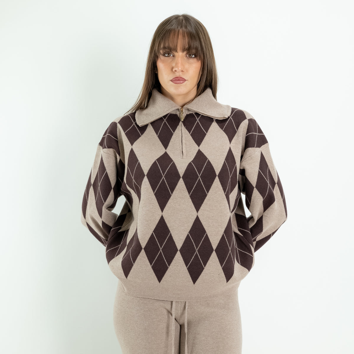Coordinato Donna in Maglia con Fantasia a Rombi e Pantalone Palazzo - Fango