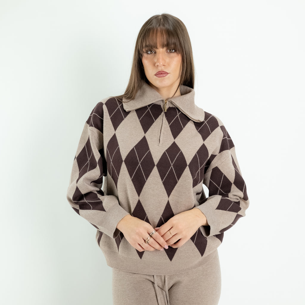 Coordinato Donna in Maglia con Fantasia a Rombi e Pantalone Palazzo - Fango