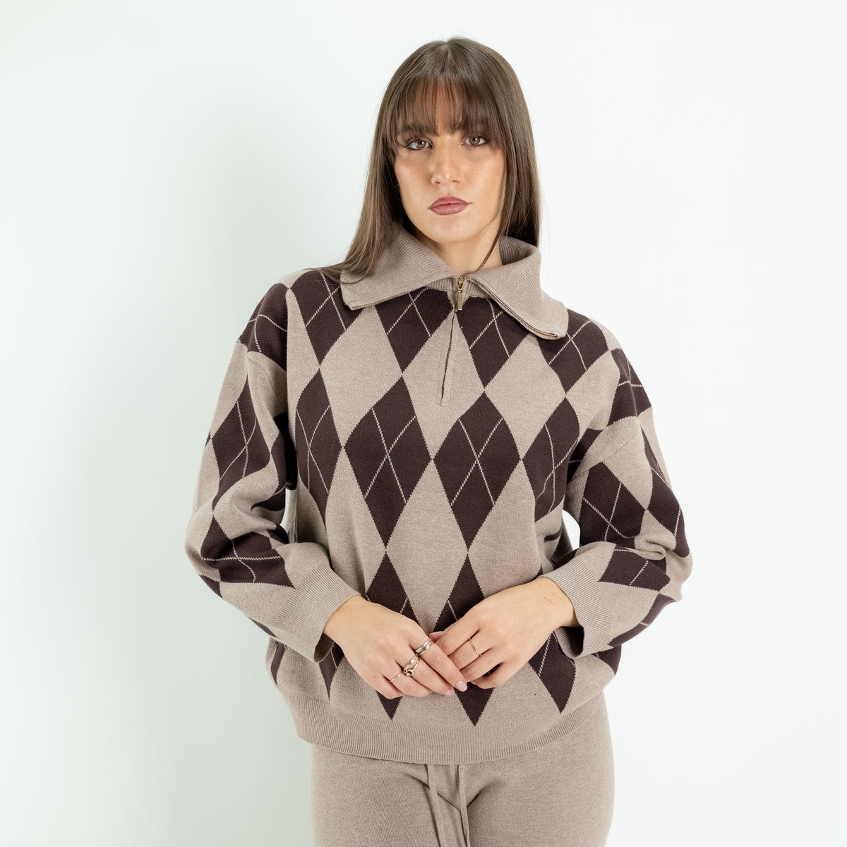 Coordinato Donna in Maglia con Fantasia a Rombi e Pantalone Palazzo - Fango