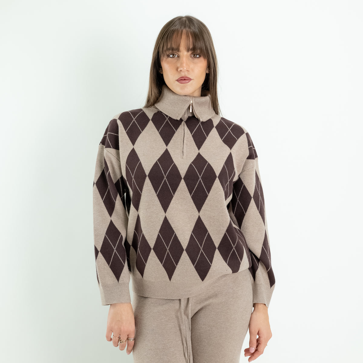 Coordinato Donna in Maglia con Fantasia a Rombi e Pantalone Palazzo - Fango