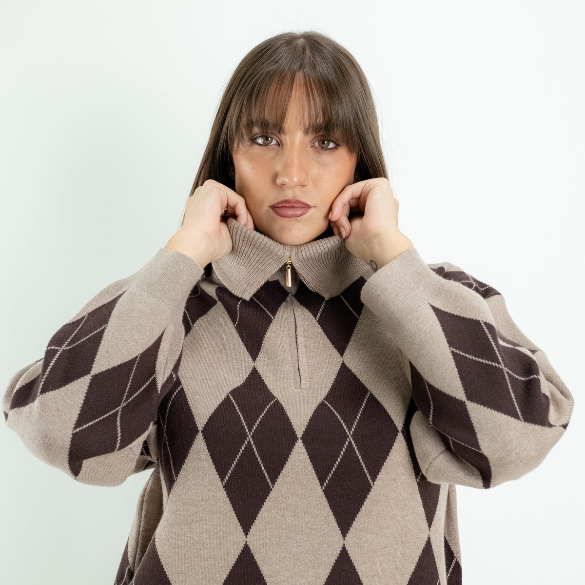 Coordinato Donna in Maglia con Fantasia a Rombi e Pantalone Palazzo - Fango