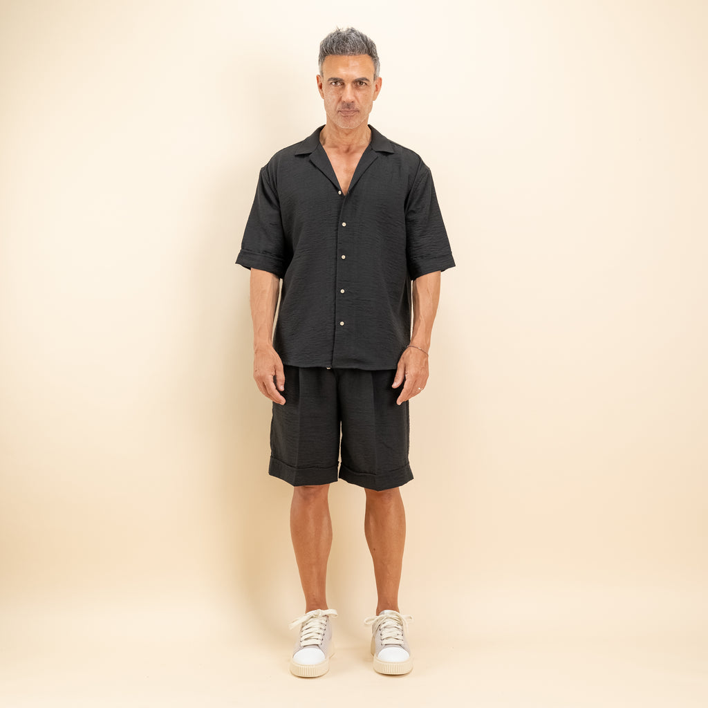 Coordinato effetto lino con pantaloncino - Nero