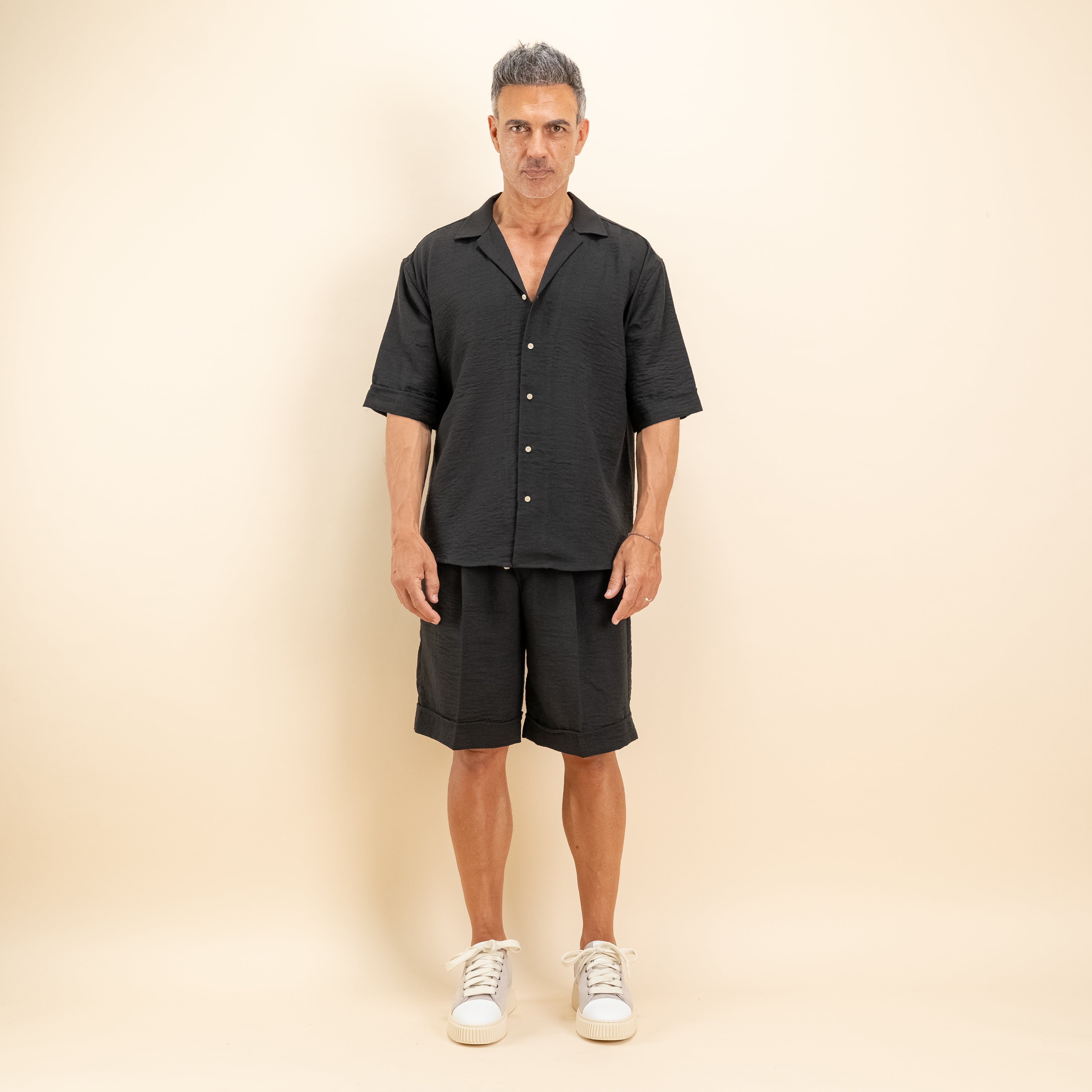 Coordinato effetto lino con pantaloncino - Nero