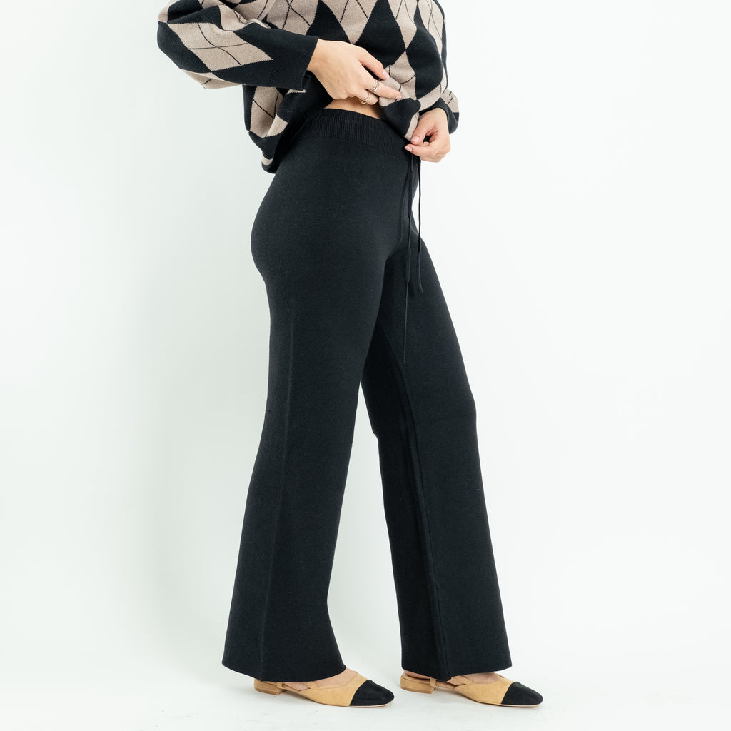 Coordinato Donna in Maglia con Fantasia a Rombi e Pantalone Palazzo - Nero