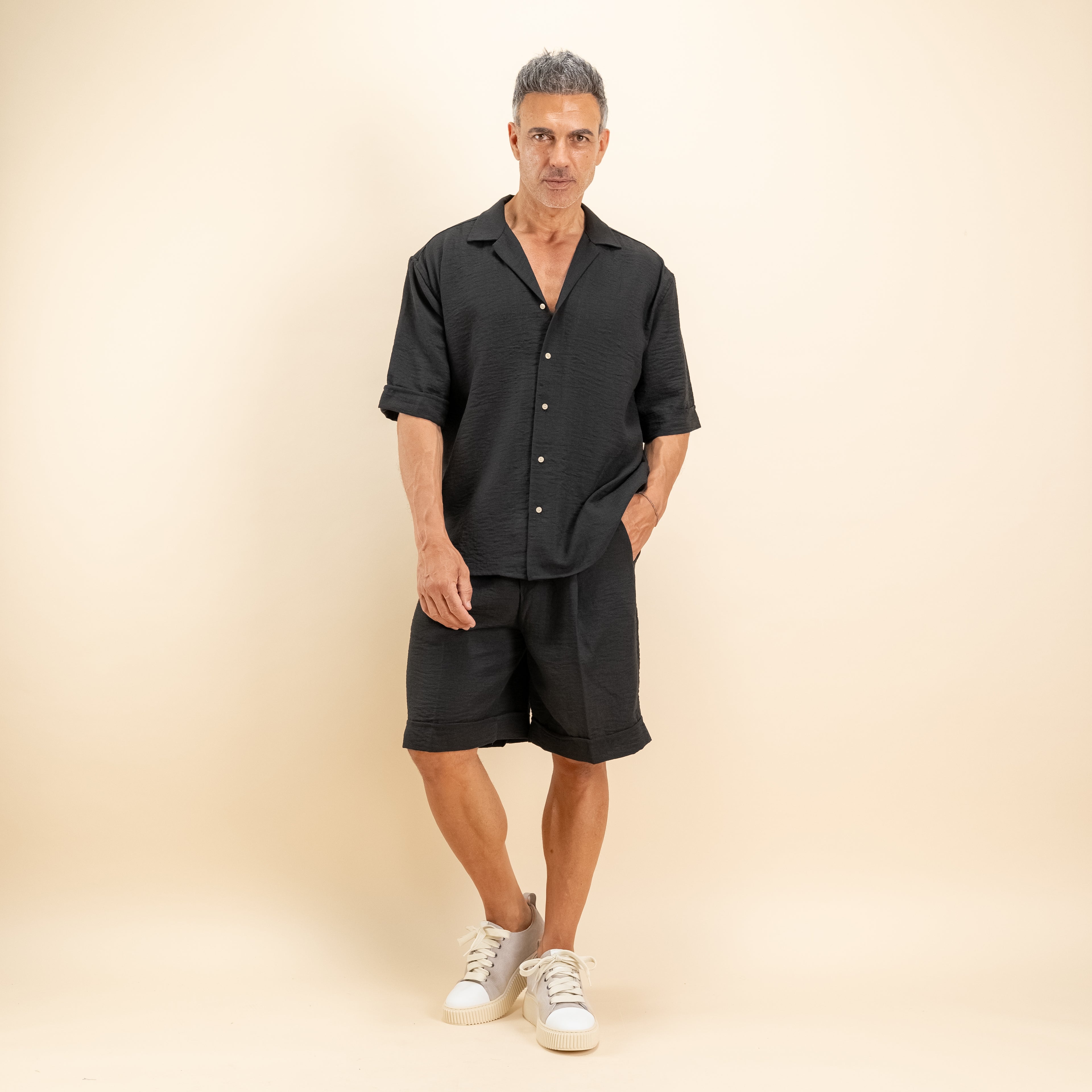 Coordinato effetto lino con pantaloncino - Nero