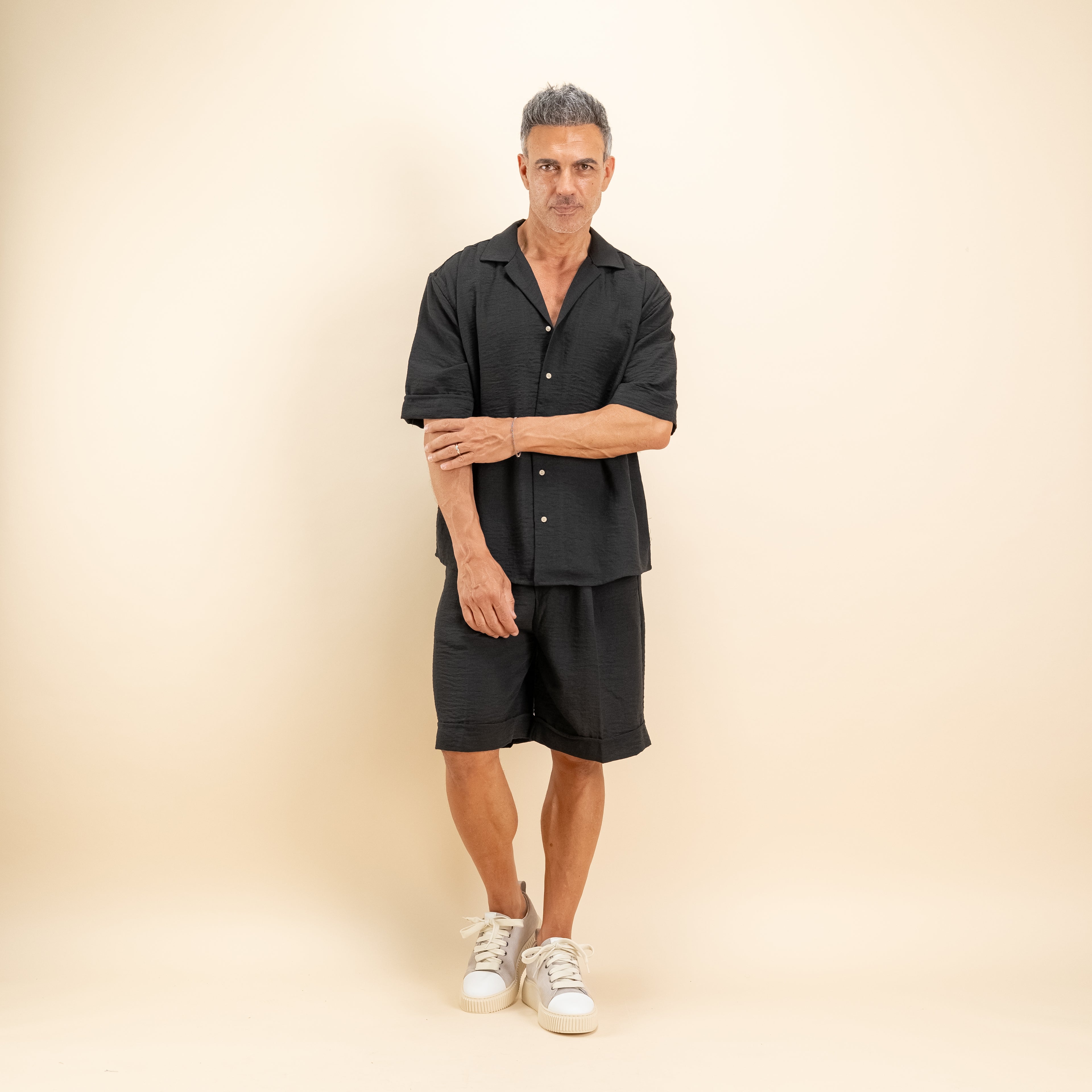 Coordinato effetto lino con pantaloncino - Nero