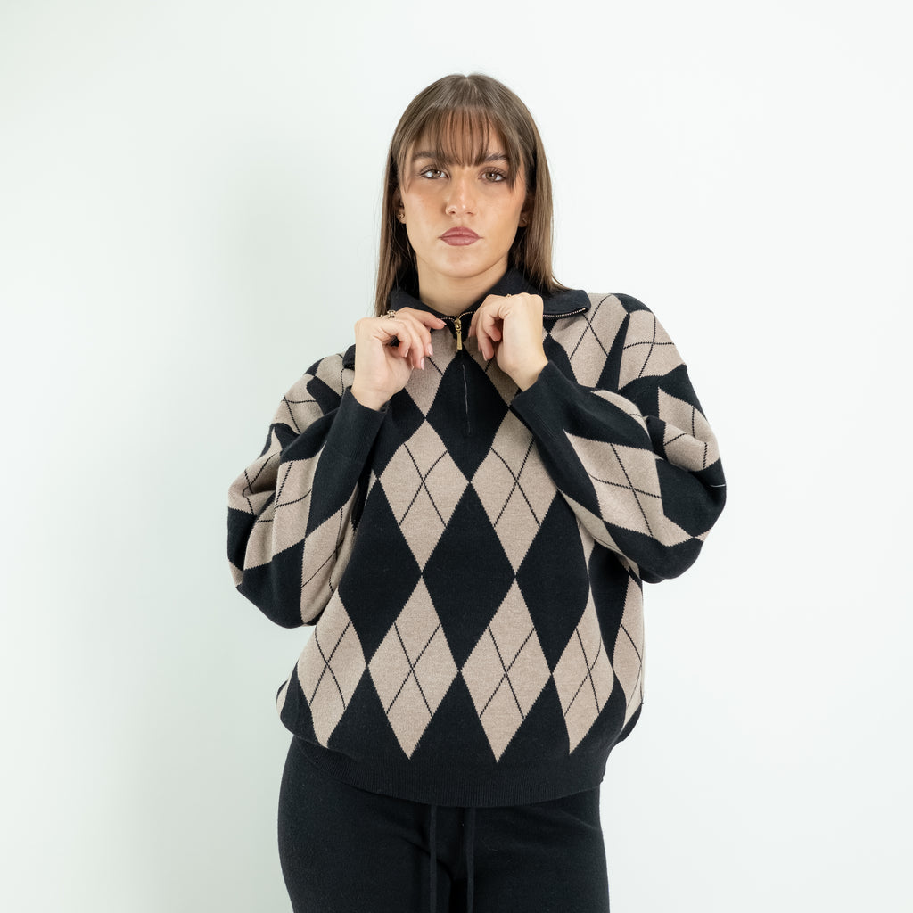 Coordinato Donna in Maglia con Fantasia a Rombi e Pantalone Palazzo - Nero