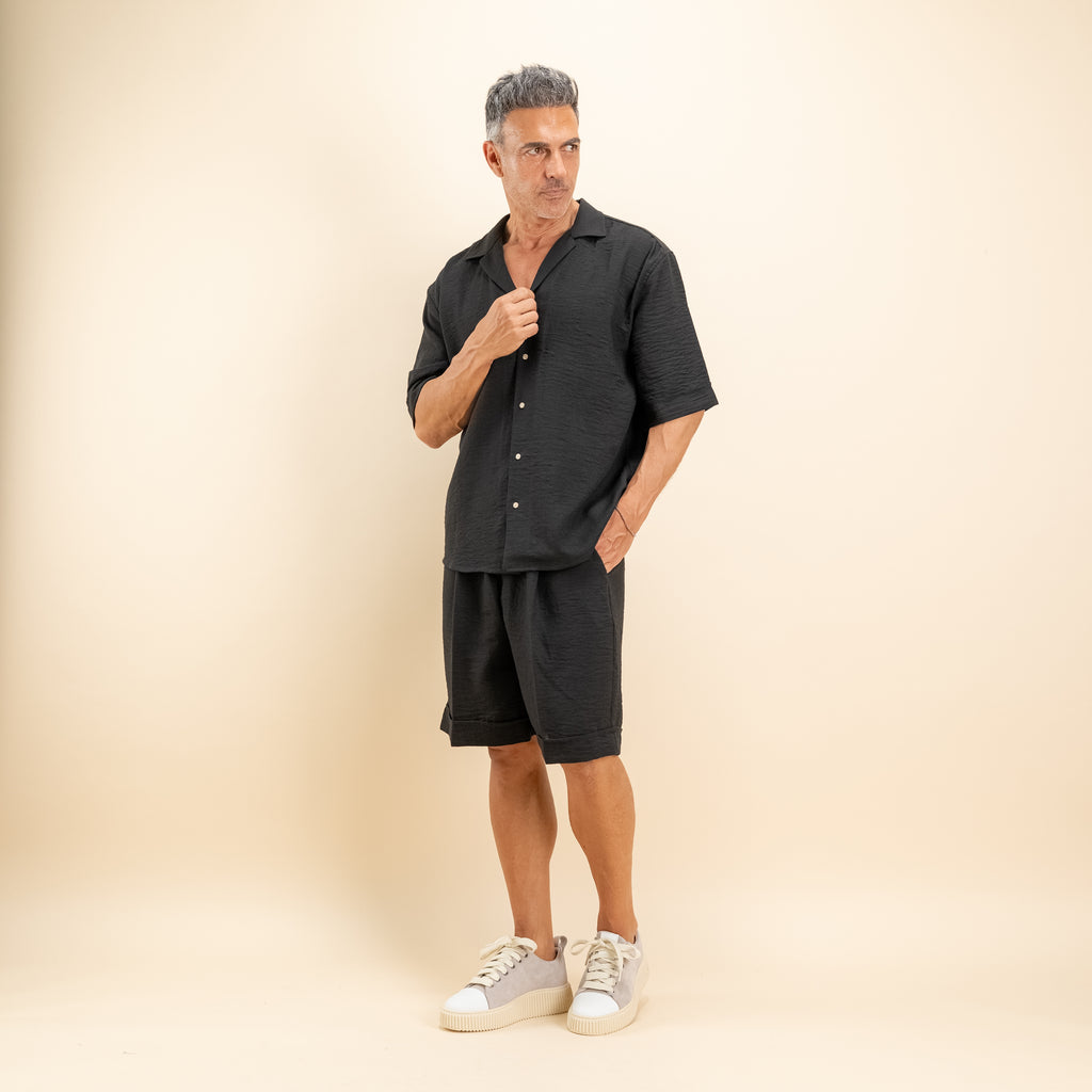 Coordinato effetto lino con pantaloncino - Nero
