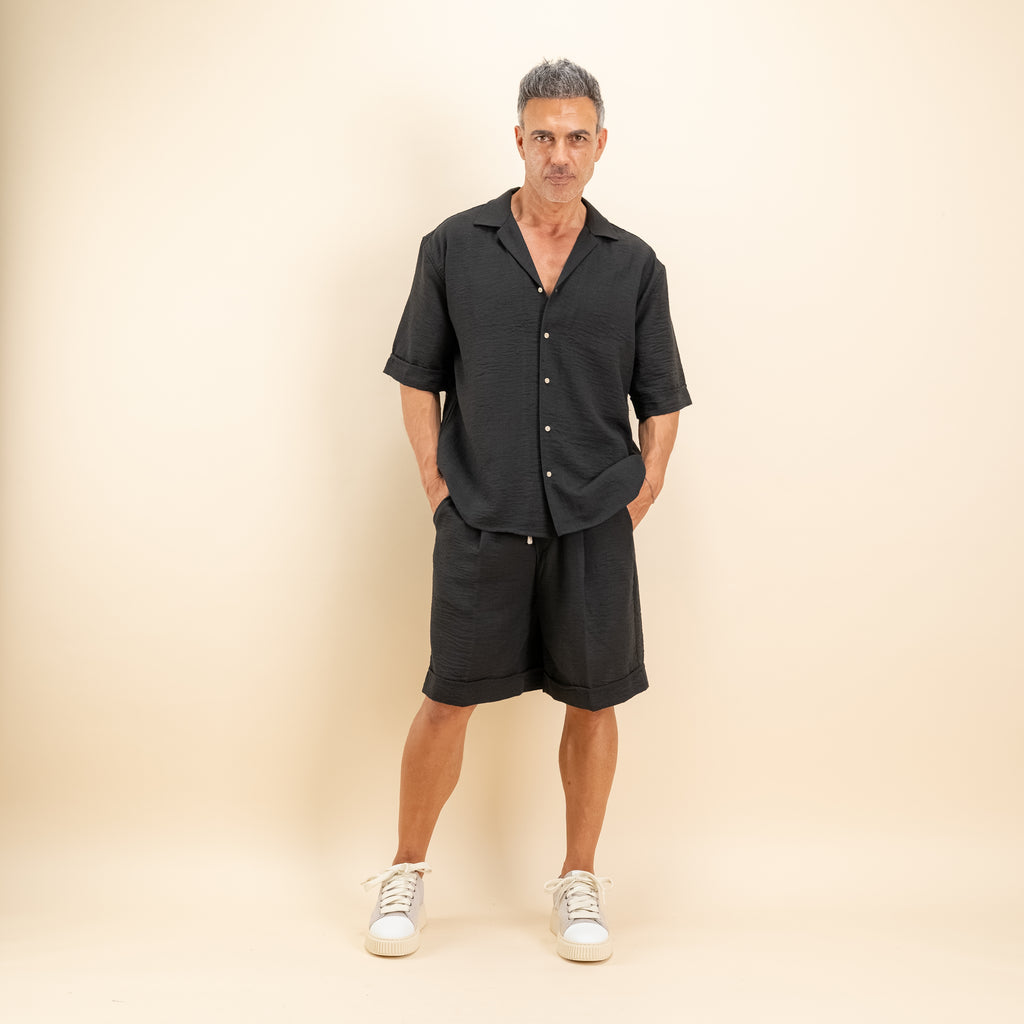 Coordinato effetto lino con pantaloncino - Nero