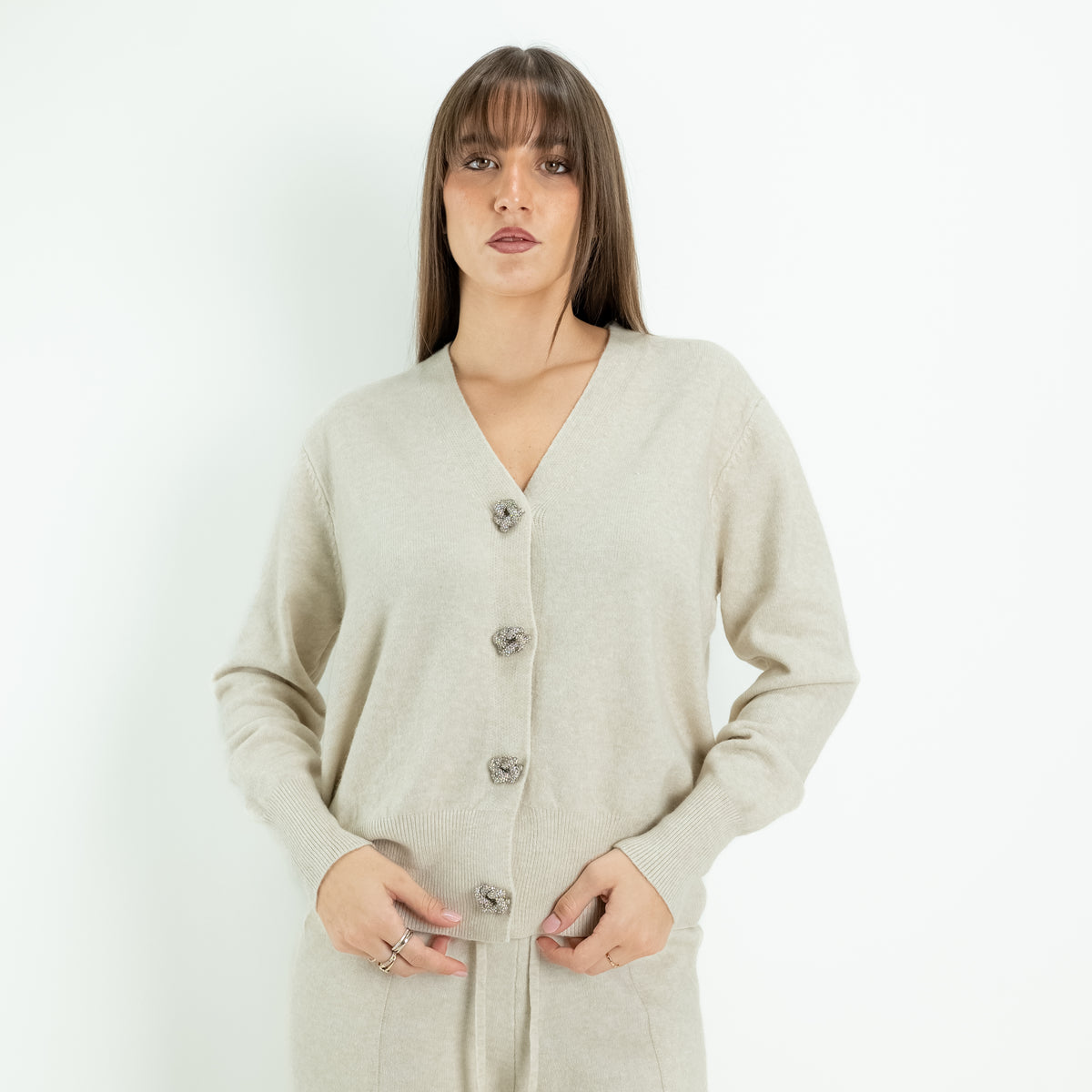 Coordinato in Maglia con Cardigan Gioiello e Pantalone Palazzo - Avorio