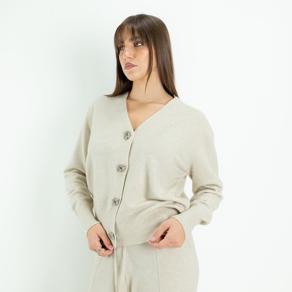 Coordinato in Maglia con Cardigan Gioiello e Pantalone Palazzo - Avorio