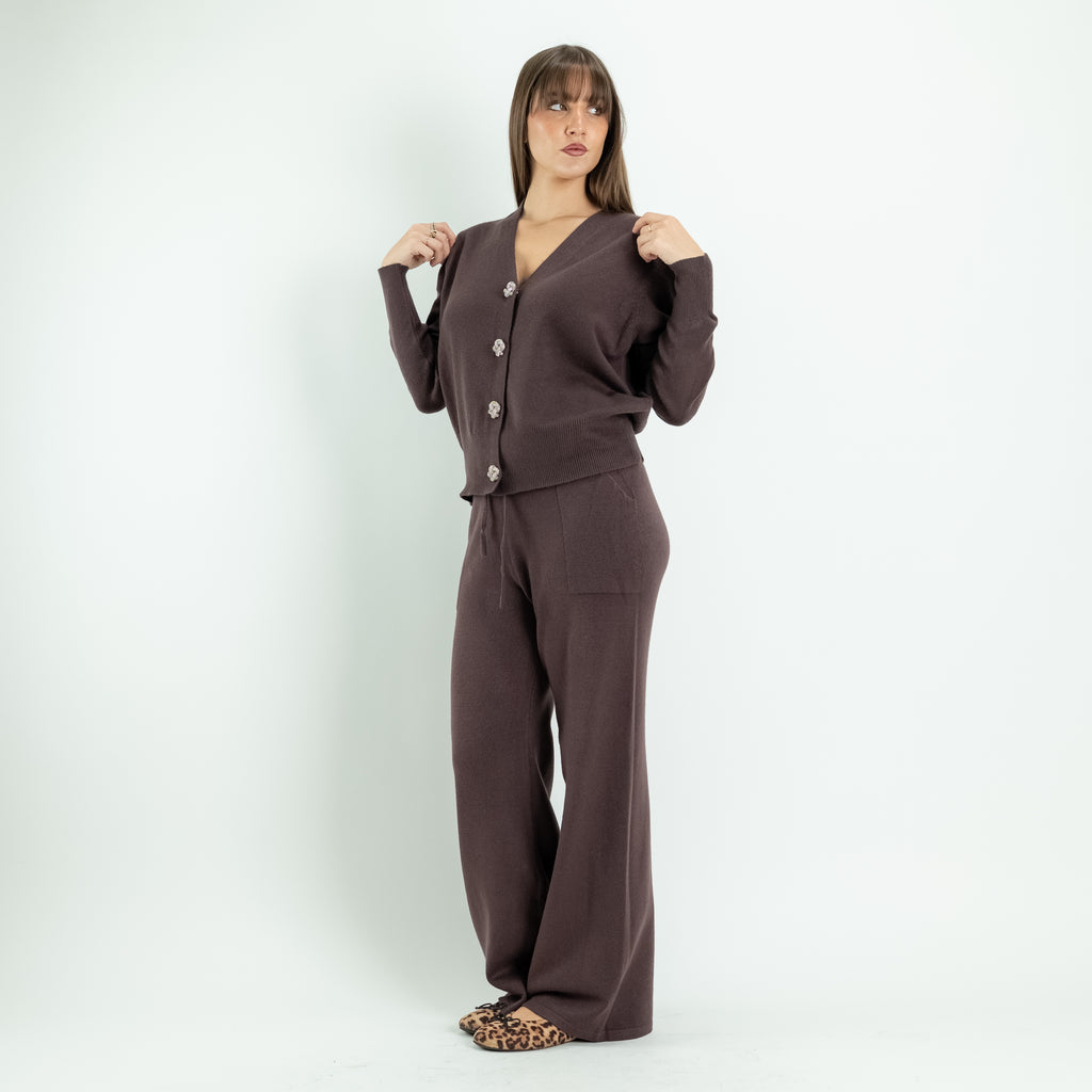 Coordinato in Maglia con Cardigan Gioiello e Pantalone Palazzo - Marrone