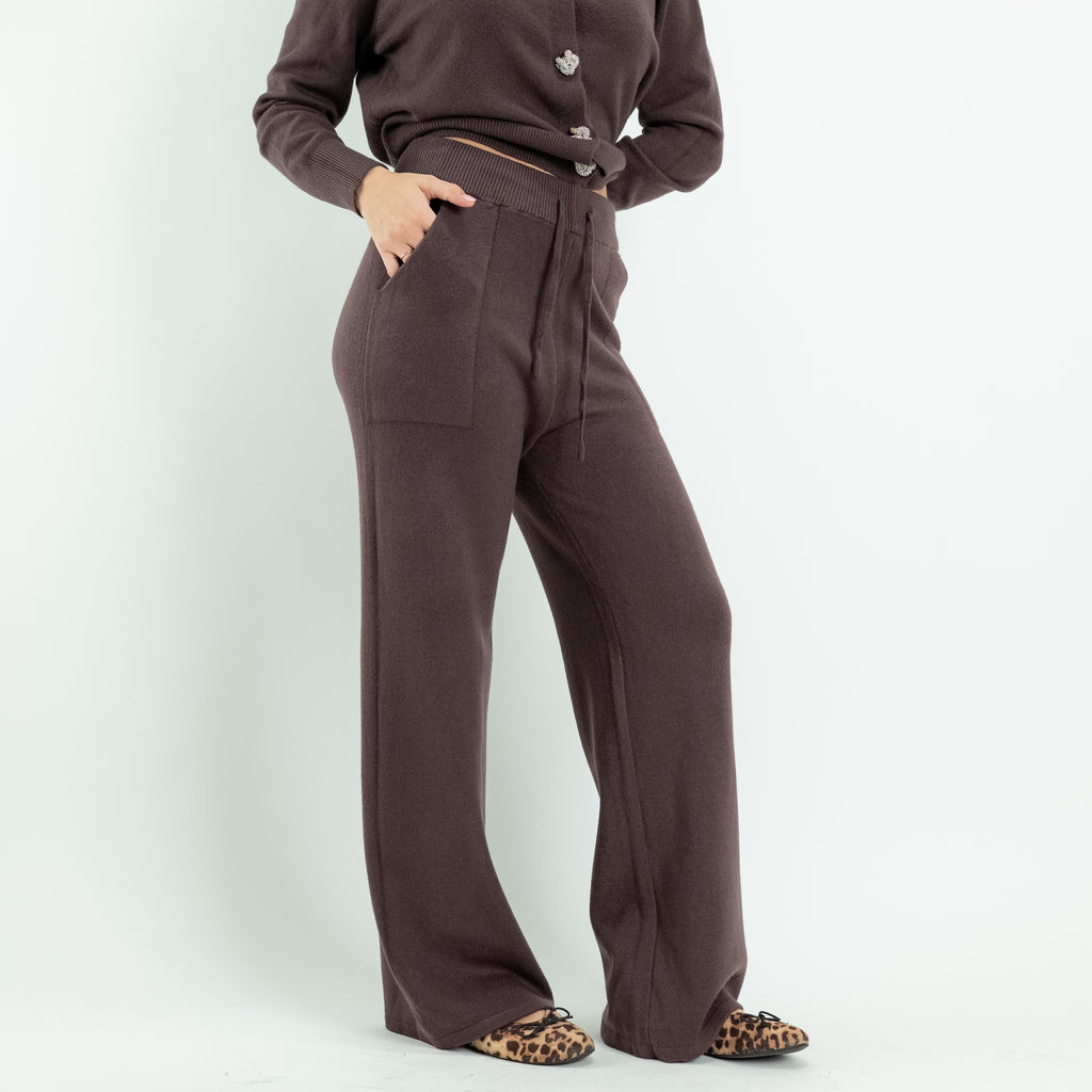 Coordinato in Maglia con Cardigan Gioiello e Pantalone Palazzo - Marrone