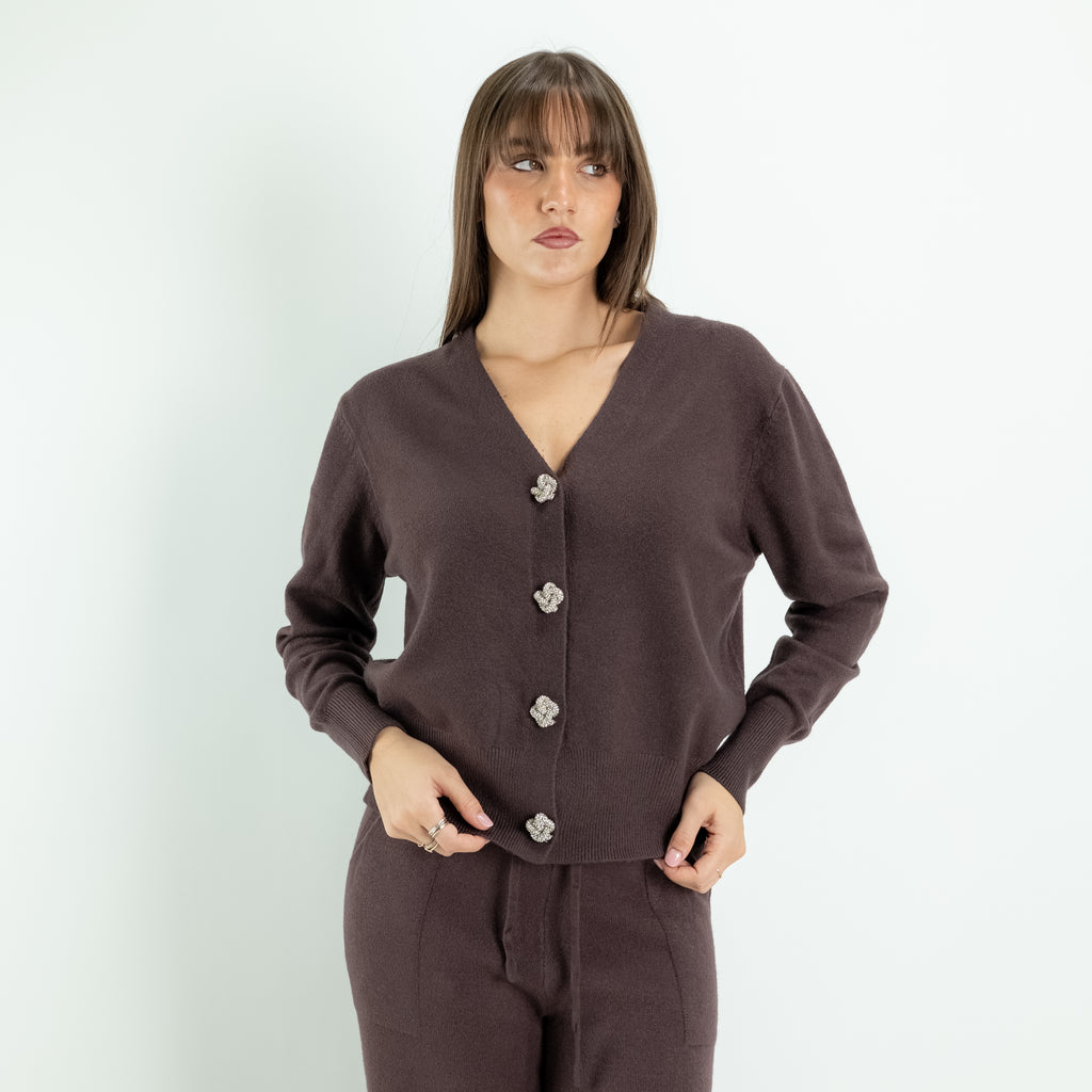 Coordinato in Maglia con Cardigan Gioiello e Pantalone Palazzo - Marrone