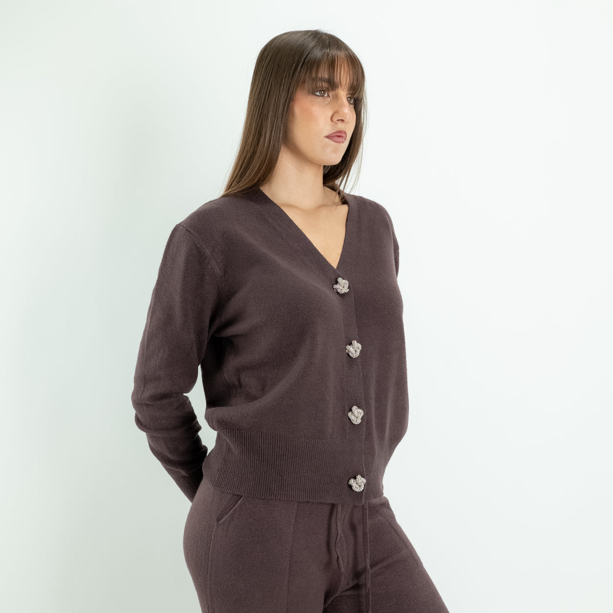 Coordinato in Maglia con Cardigan Gioiello e Pantalone Palazzo - Marrone