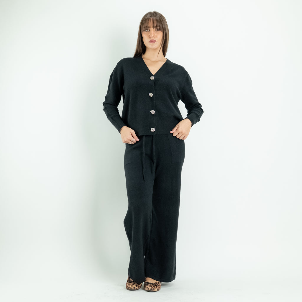 Coordinato in Maglia con Cardigan Gioiello e Pantalone Palazzo - Nero
