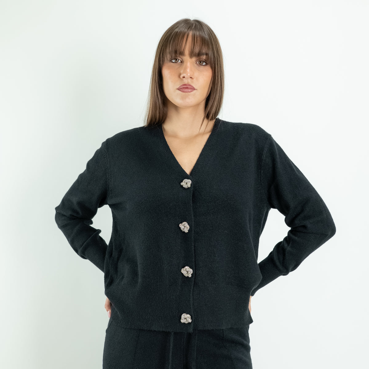 Coordinato in Maglia con Cardigan Gioiello e Pantalone Palazzo - Nero