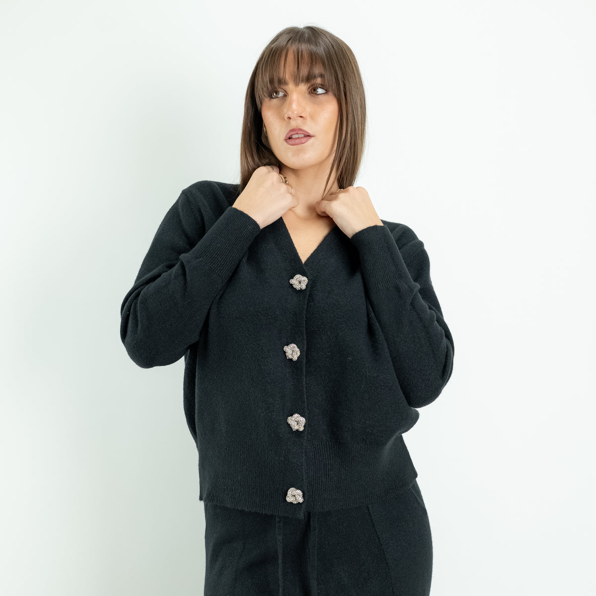 Coordinato in Maglia con Cardigan Gioiello e Pantalone Palazzo - Nero