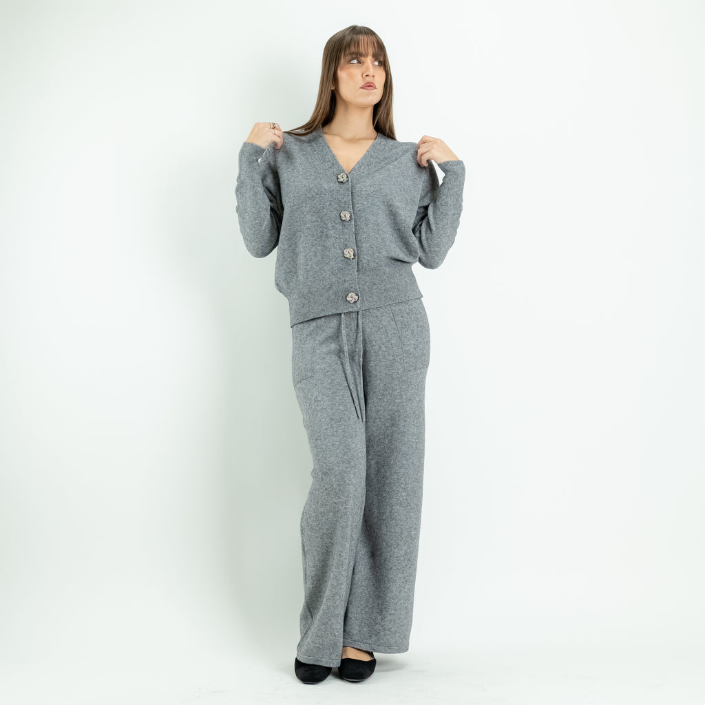Coordinato in Maglia con Cardigan Gioiello e Pantalone Palazzo -  Grigio