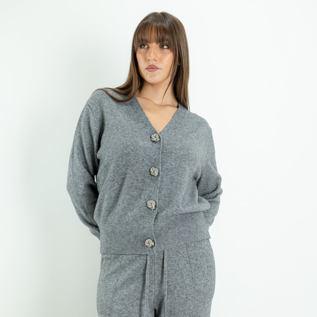 Coordinato in Maglia con Cardigan Gioiello e Pantalone Palazzo -  Grigio