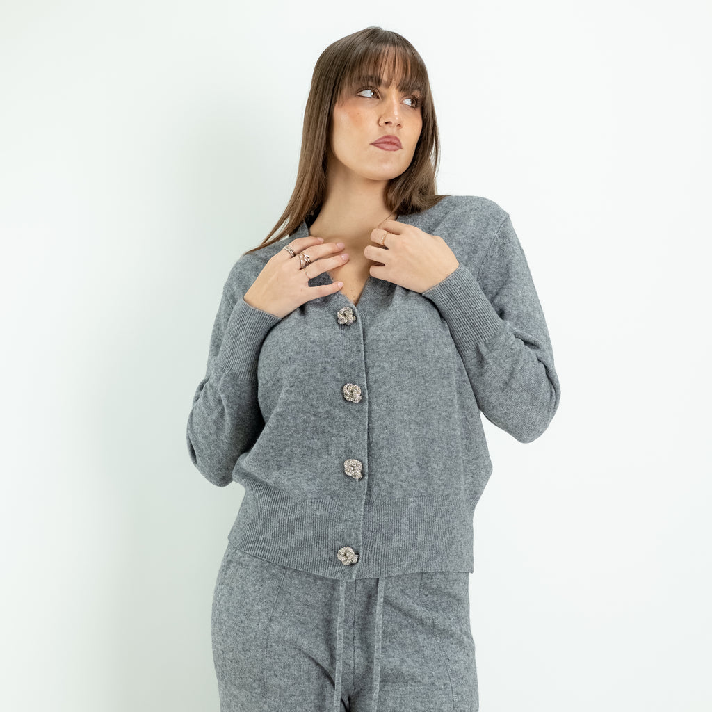 Coordinato in Maglia con Cardigan Gioiello e Pantalone Palazzo -  Grigio