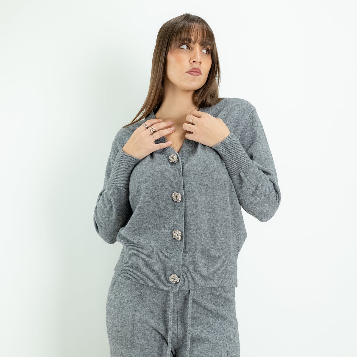 Coordinato in Maglia con Cardigan Gioiello e Pantalone Palazzo -  Grigio