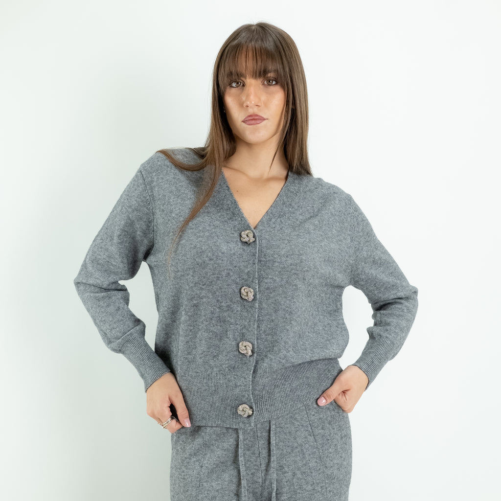 Coordinato in Maglia con Cardigan Gioiello e Pantalone Palazzo -  Grigio