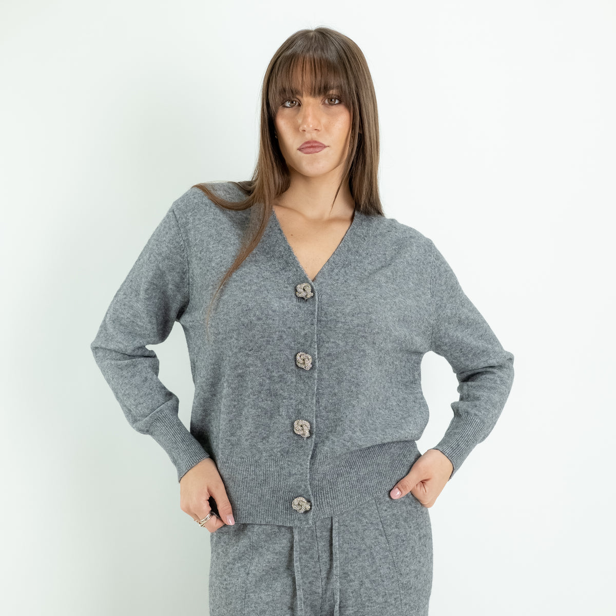 Coordinato in Maglia con Cardigan Gioiello e Pantalone Palazzo -  Grigio