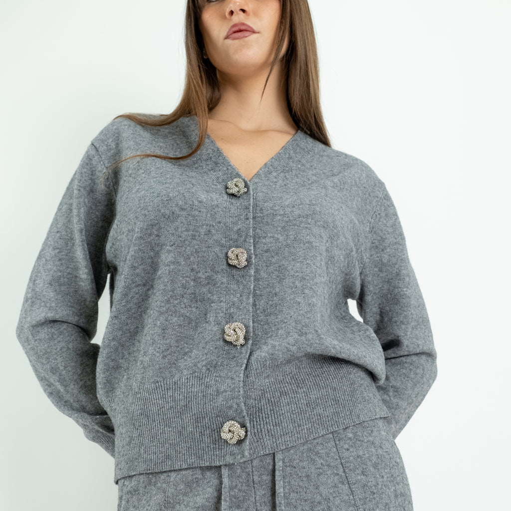 Coordinato in Maglia con Cardigan Gioiello e Pantalone Palazzo -  Grigio