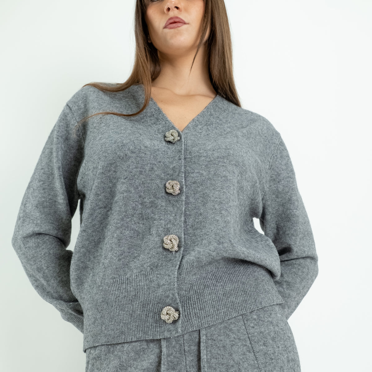 Coordinato in Maglia con Cardigan Gioiello e Pantalone Palazzo -  Grigio