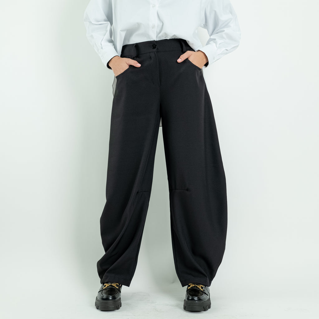 Balloon Fit Wide-Leg Trousers with Contoured Seams - Black