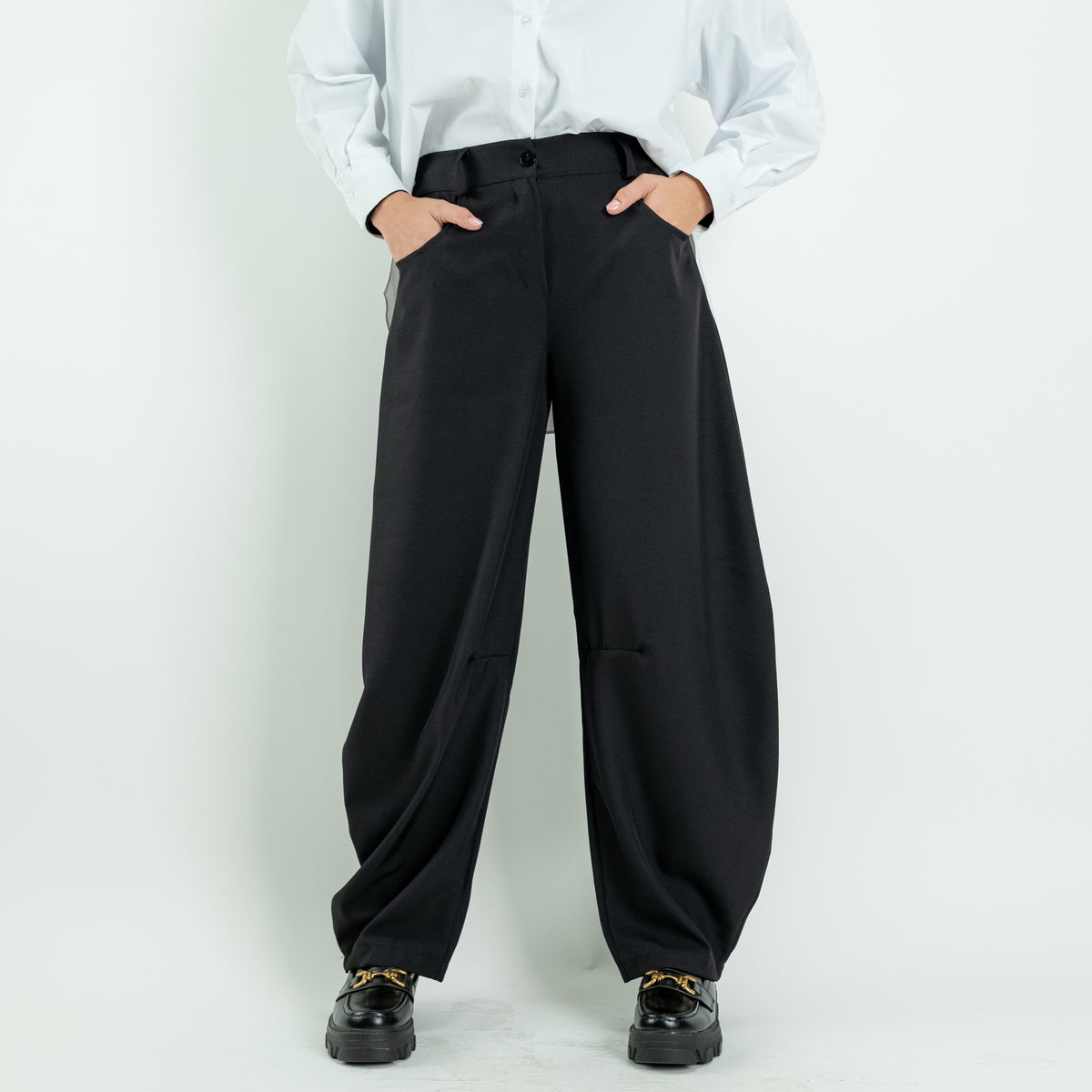 Balloon Fit Wide-Leg Trousers with Contoured Seams - Black