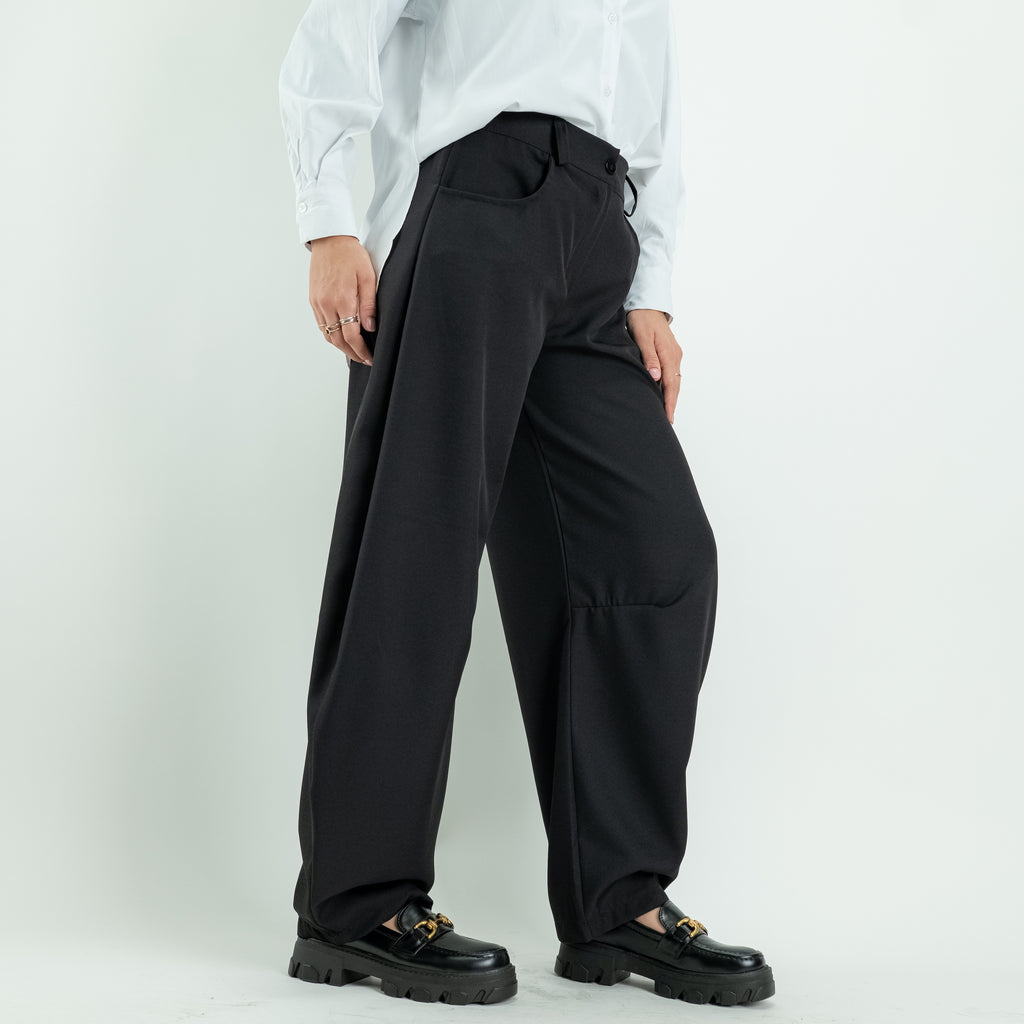 Balloon Fit Wide-Leg Trousers with Contoured Seams - Black