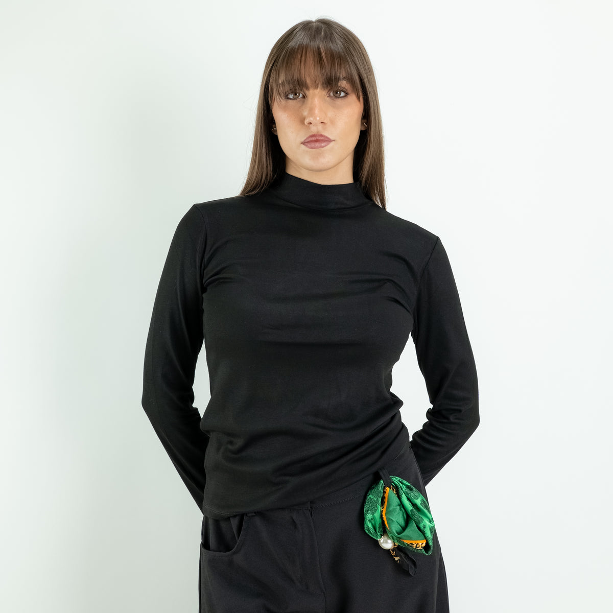 Jersey de cuello alto de algodón elástico de manga larga - Negro