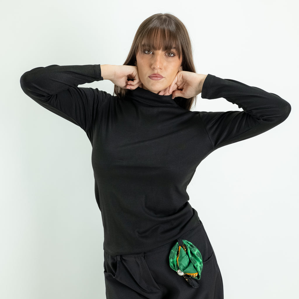 Jersey de cuello alto de algodón elástico de manga larga - Negro