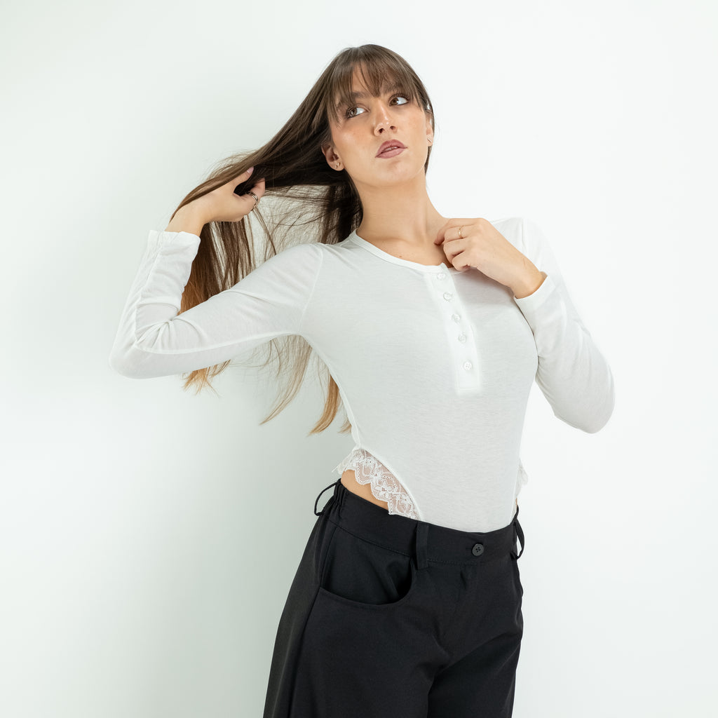 Body Serafino a Maniche Lunghe con Inserti in Pizzo - Bianco