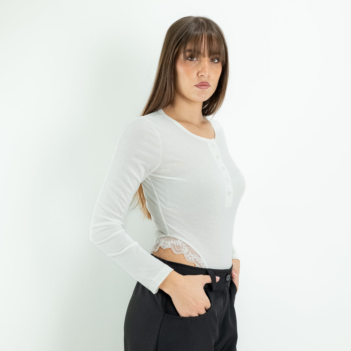 Body Serafino a Maniche Lunghe con Inserti in Pizzo - Bianco