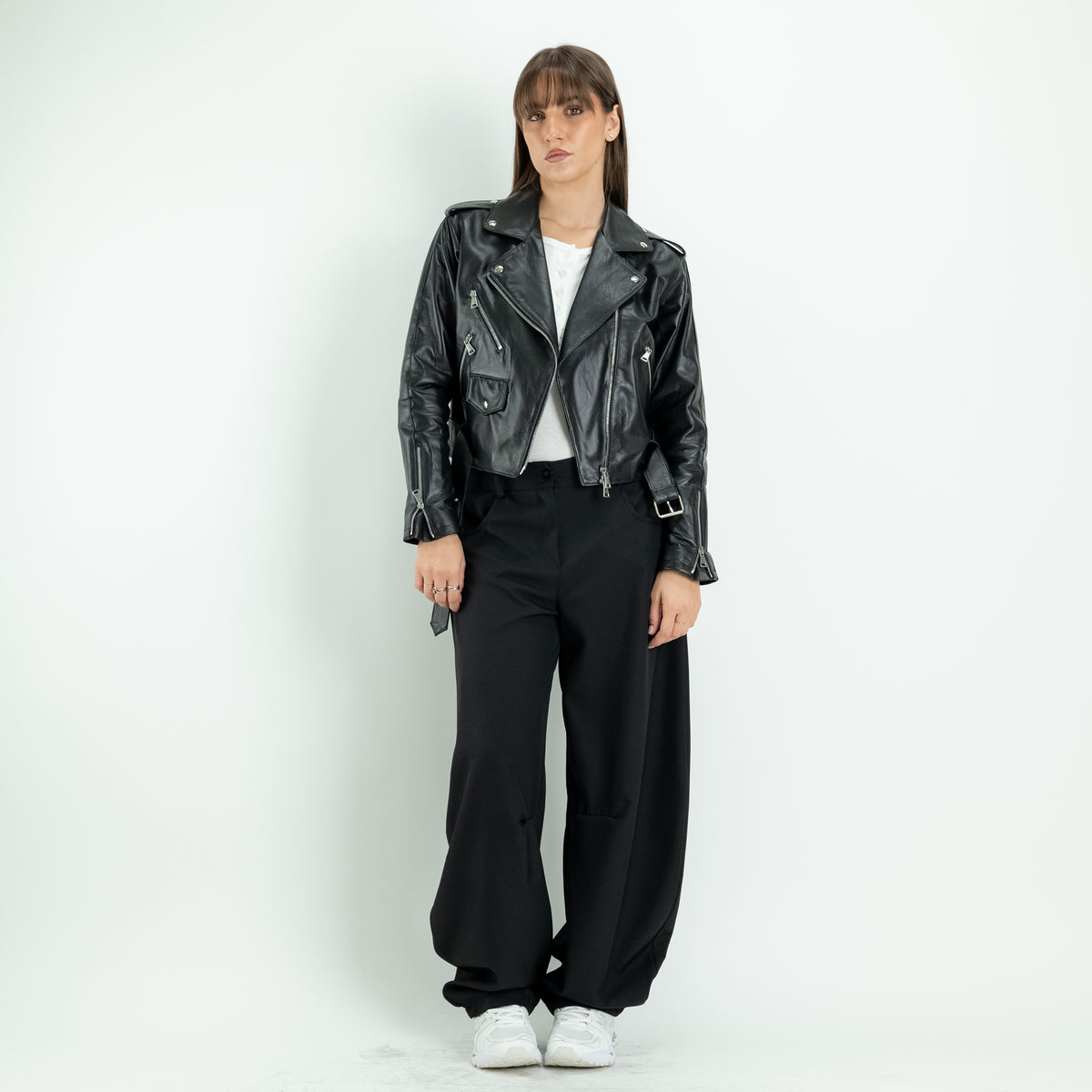Chaqueta estilo motera para mujer en piel auténtica - Negro