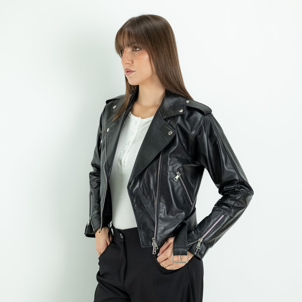 Veste perfecto femme en cuir véritable - Noir