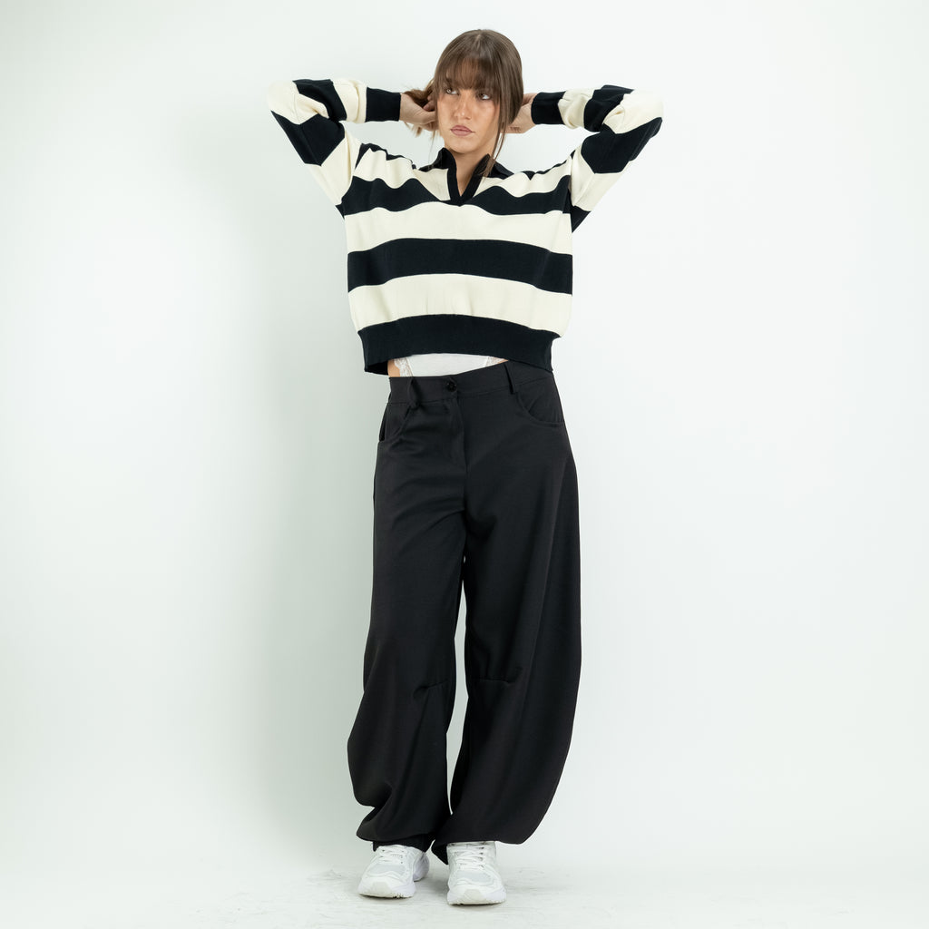 Striped Sweater with Polo Collar and V-Neck - Black