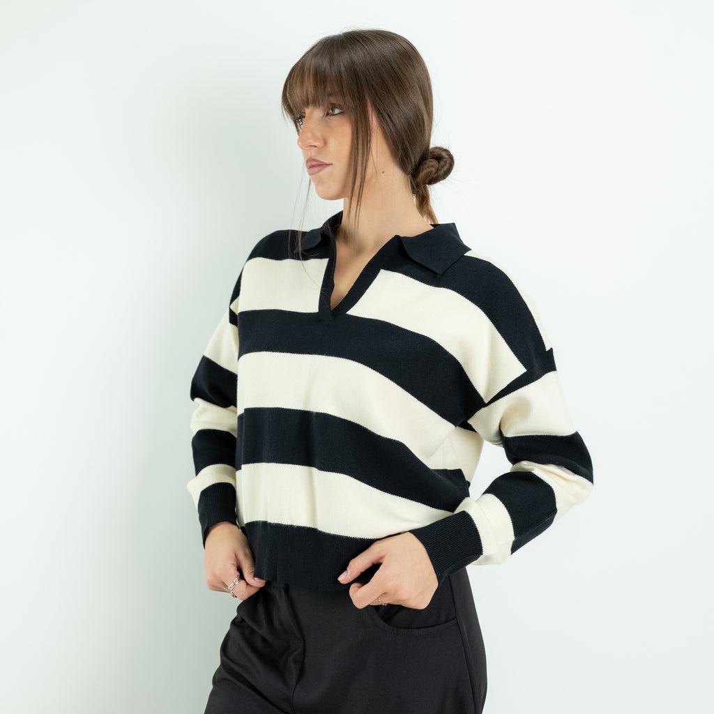 Striped Sweater with Polo Collar and V-Neck - Black