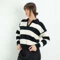 Striped Sweater with Polo Collar and V-Neck - Black