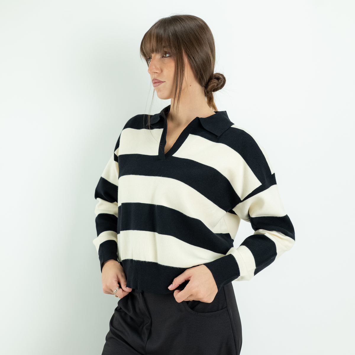 Striped Sweater with Polo Collar and V-Neck - Black