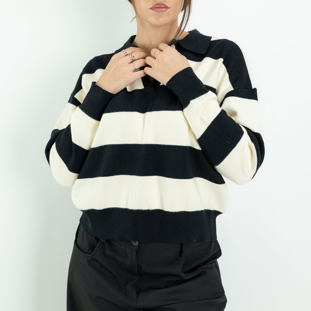 Striped Sweater with Polo Collar and V-Neck - Black