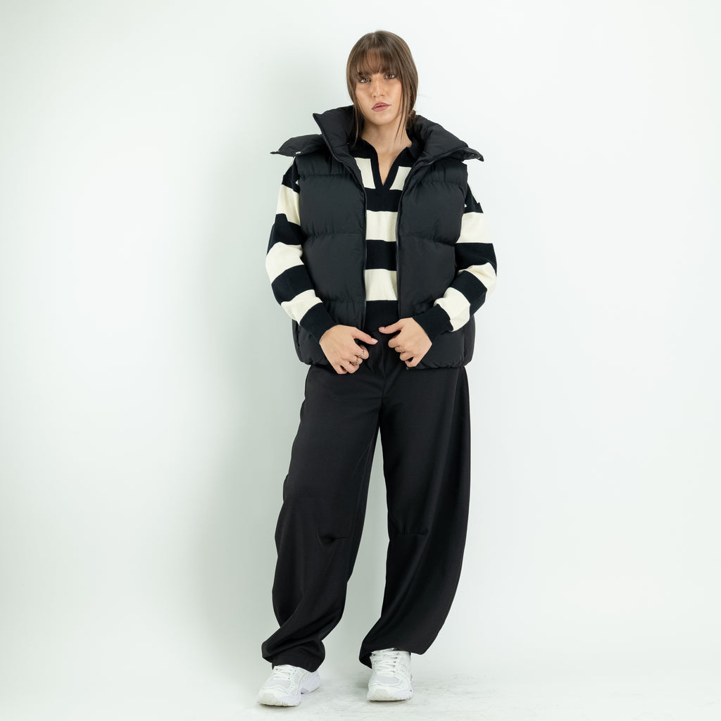 Striped Sweater with Polo Collar and V-Neck - Black