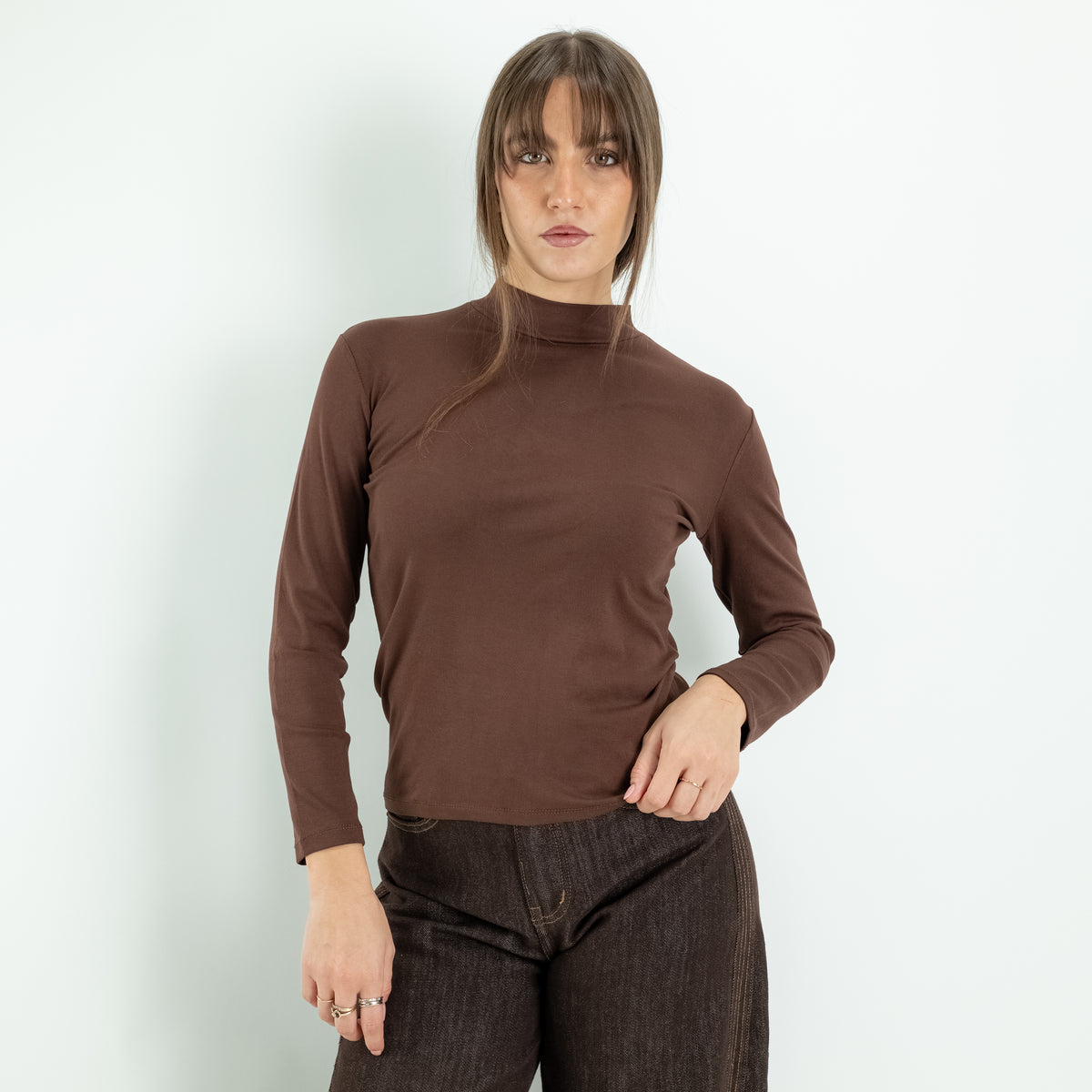 Dolcevita in Cotone Elasticizzato a Maniche Lunghe - Marrone